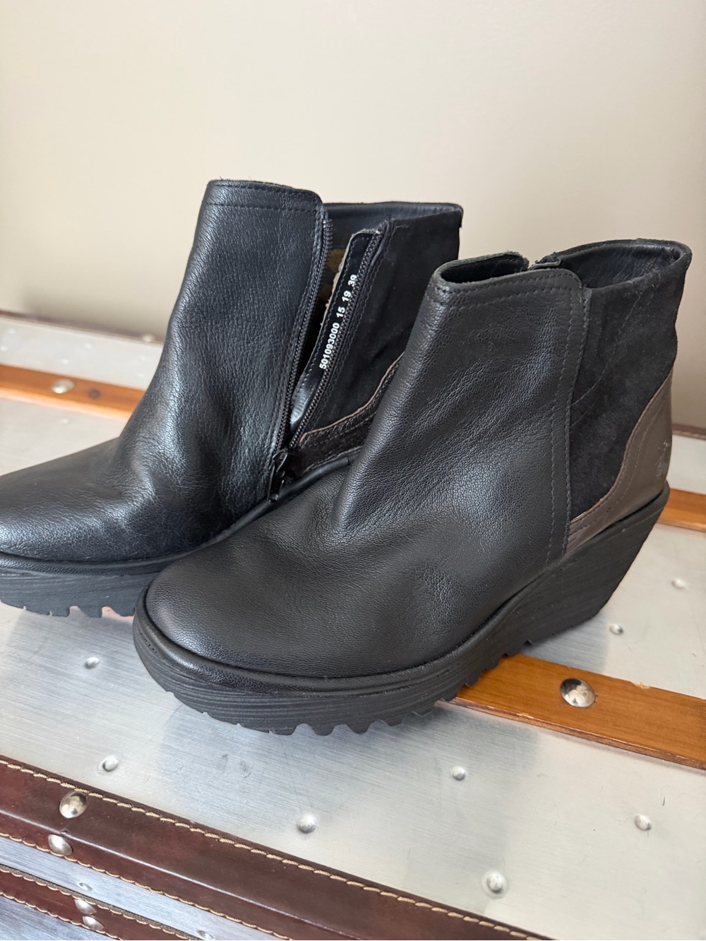 Fly London Black Leather Wedge Ankle Boots